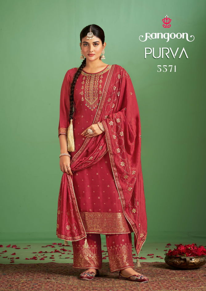 Purva By Rangoon Muslin Jacquard Embroidery Kurti With Bottom Dupatta Wholesalers In Delhi